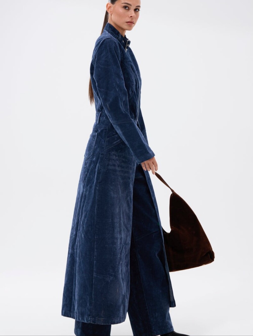 AKIRA Navy Blue VelvetTrench Coat And Matching Jeans - Picture 3 of 9